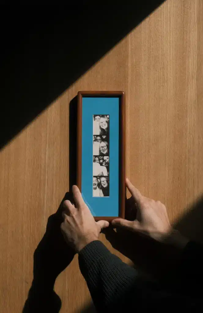 Rounded Walnut Photobooth Frame · Blue Mount